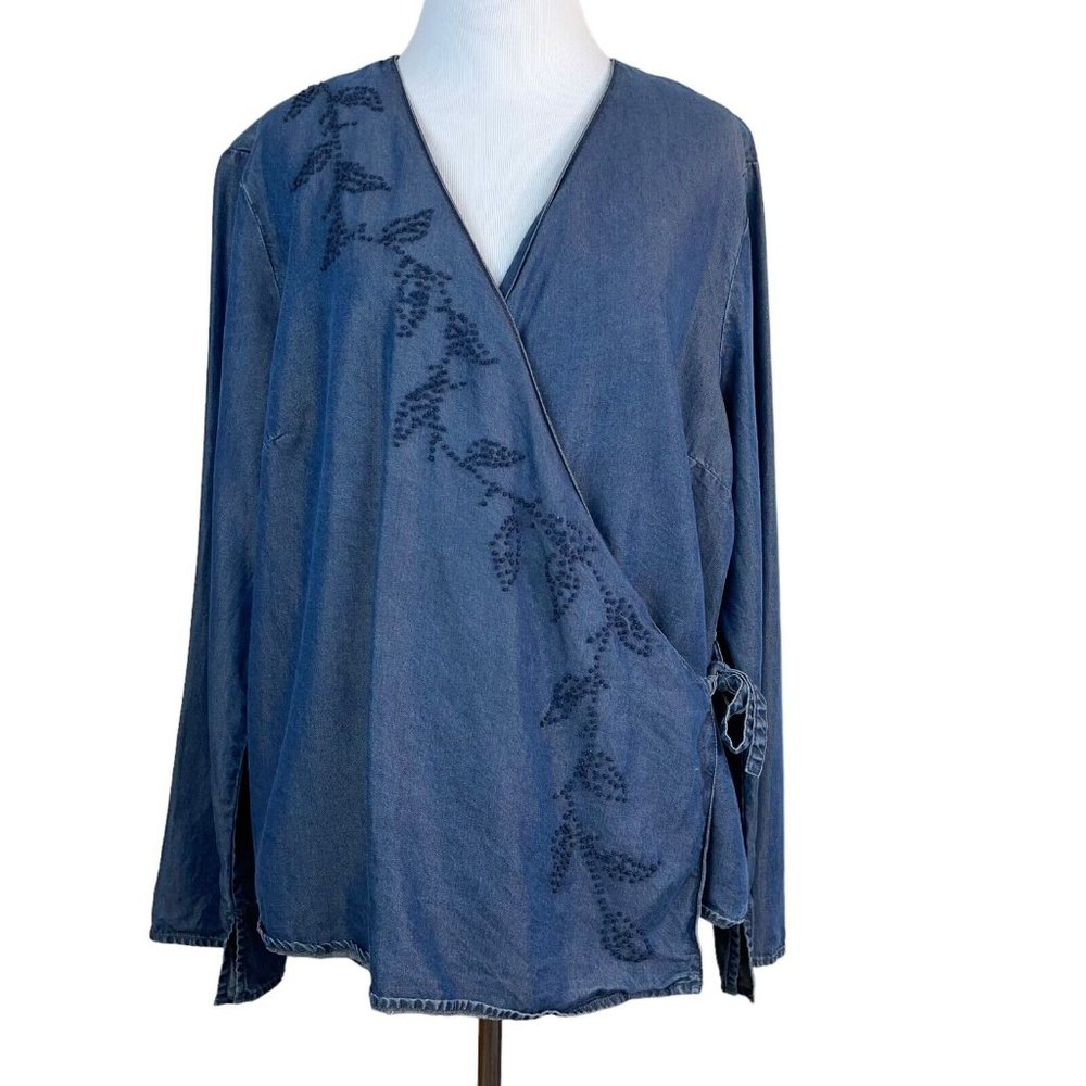 J. Jill Top Womens Large Blue Wrap Tie Chambray Long Sleeve Embroidered